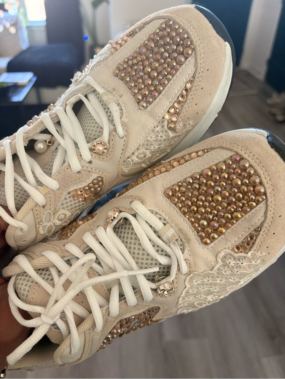 Avia Women's Pearl-Embellished Beige and Gold Sneakers